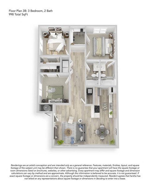 Floor plan for 3 beds, 2 baths, 998 sqft